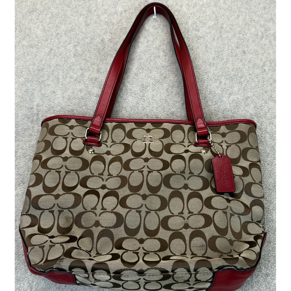 Coach Womens Signature Canvas Tote Bag Brown Monogram Stylish Red Leather Trim
